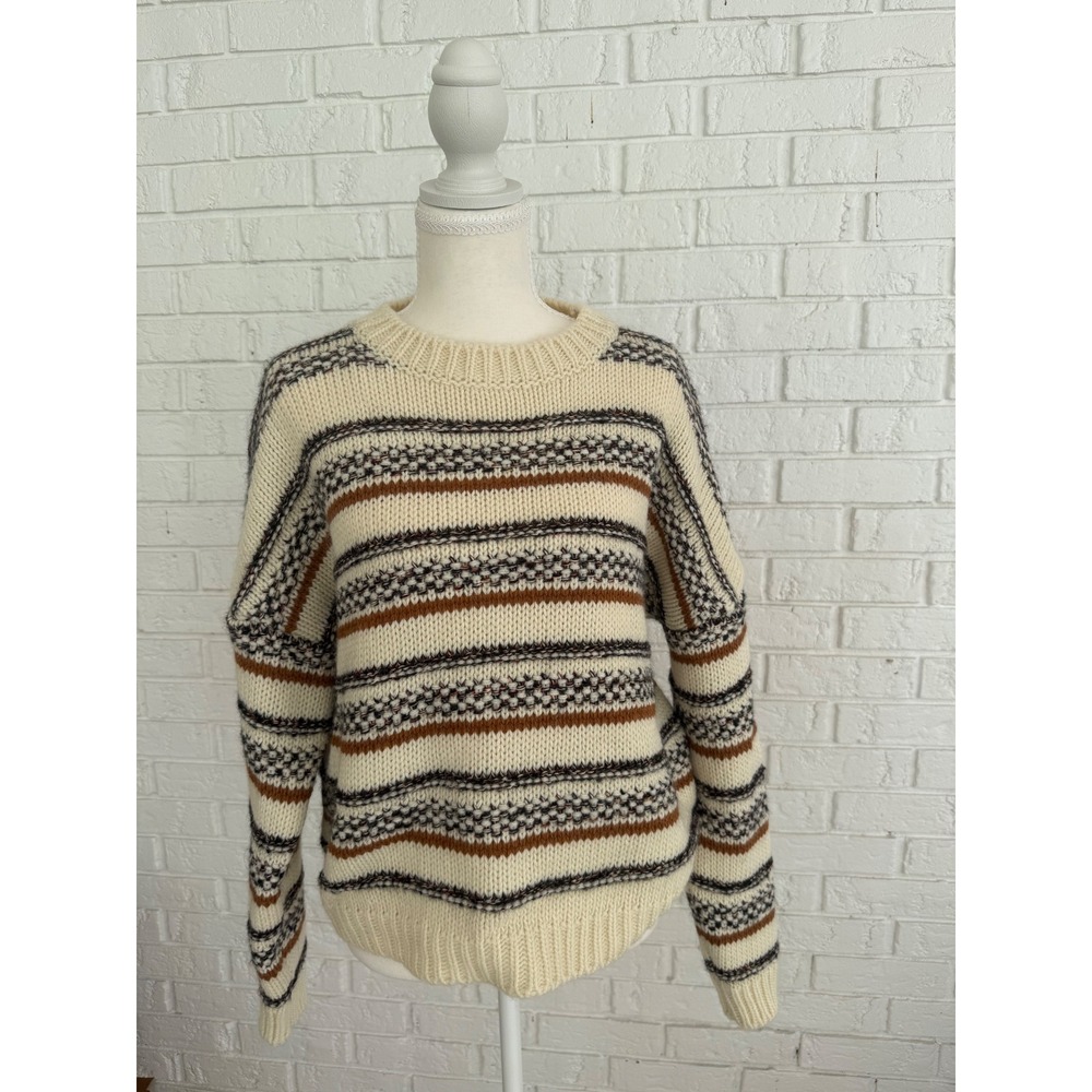 Elsamanda Striped Knit Sweater Womens Medium Cream Brown Italy Wool Alpaca EXC